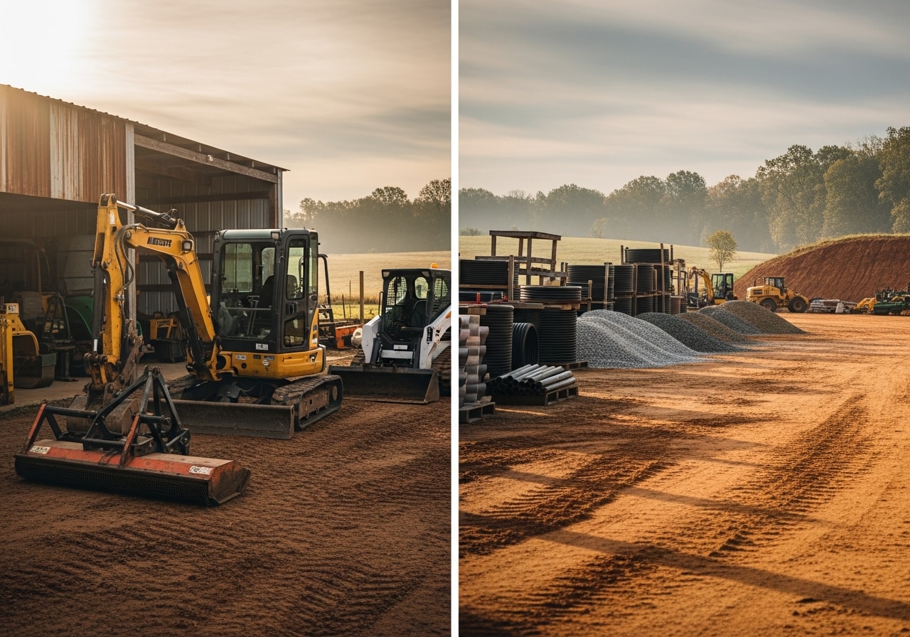 Heavy equipment and tools ready for land clearing and site preparation work.