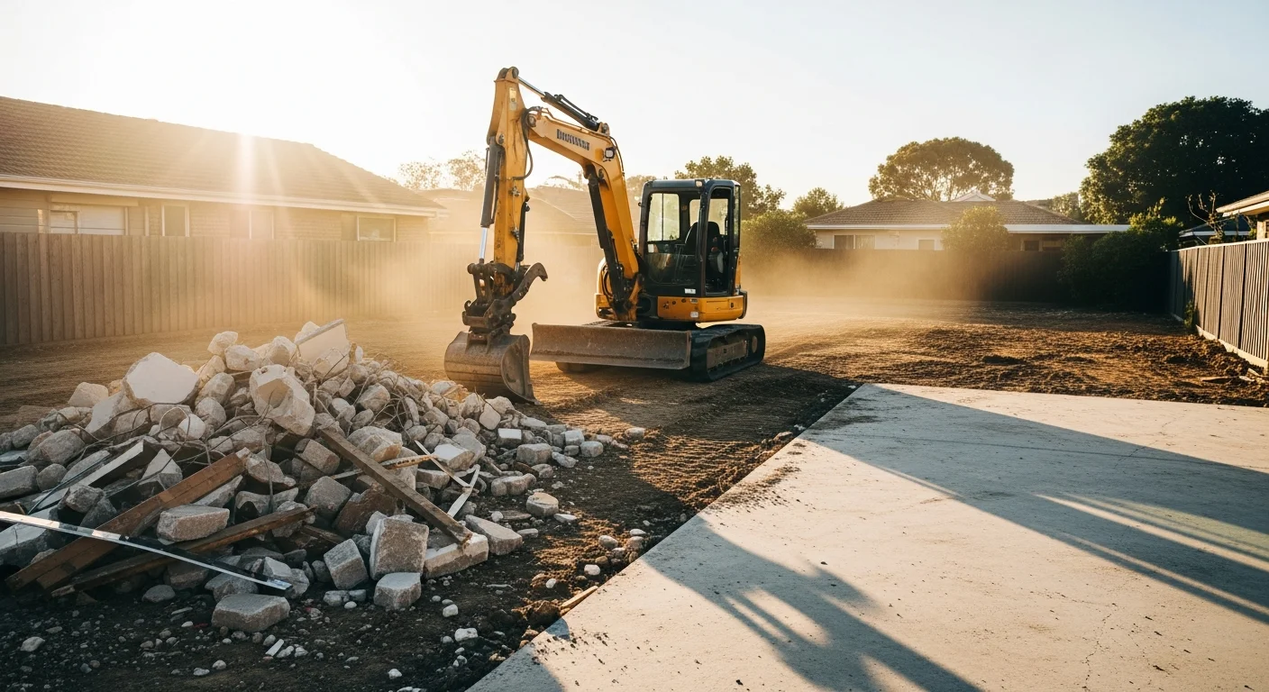 Demolition equipment removing small structure from property