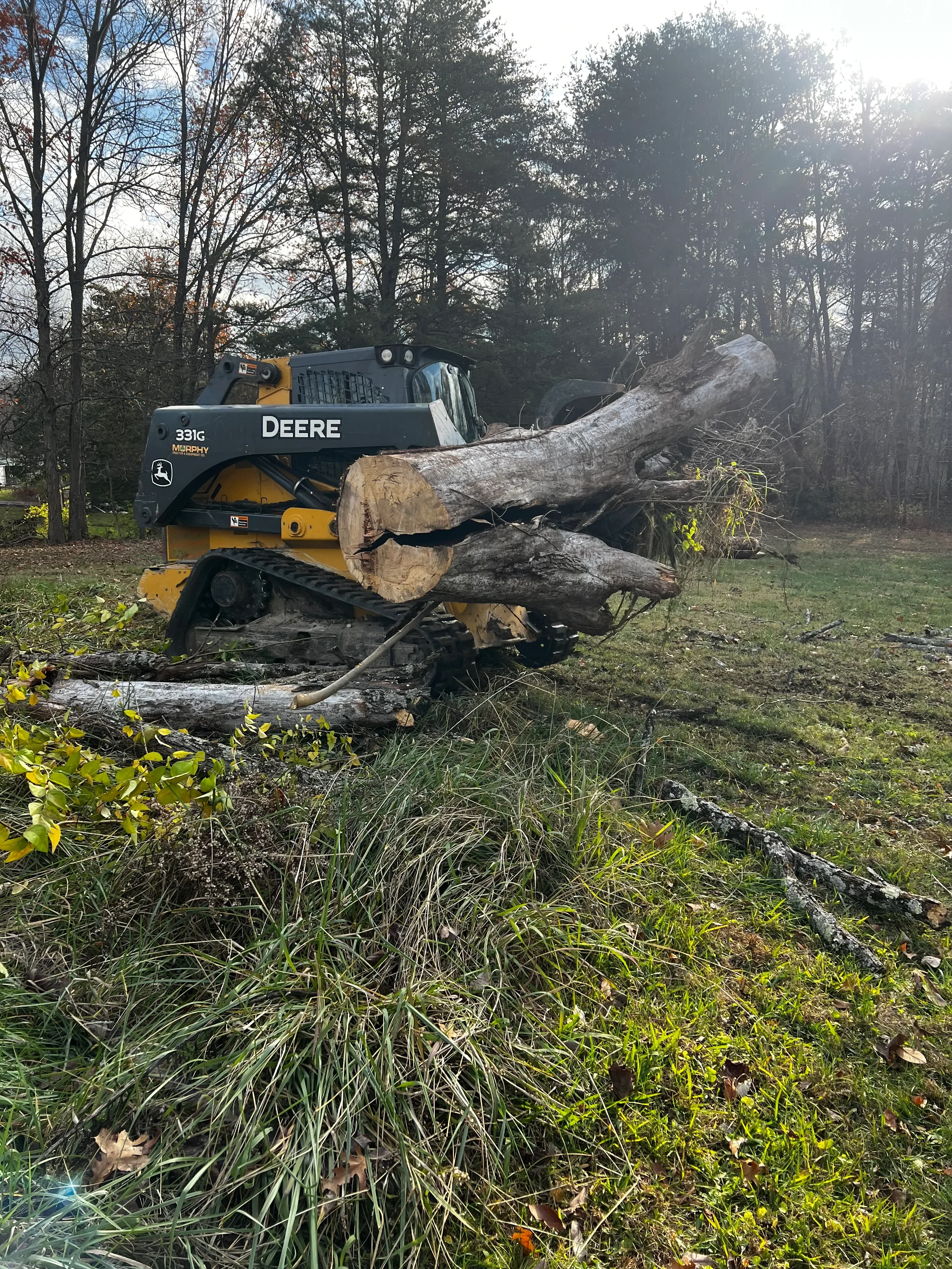 Deere excavator with thumb removing large dead tree stump from overgrown lot
