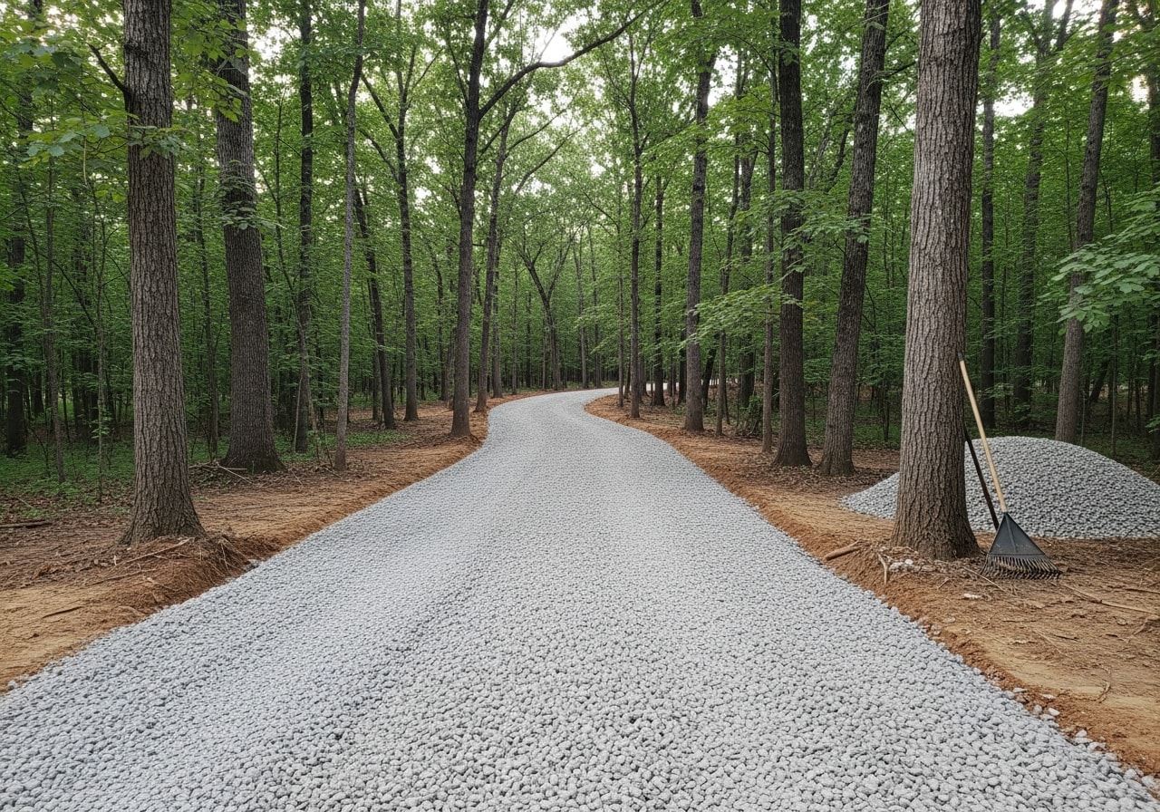 New gravel driveway cut through wooded lot, Shelby County
