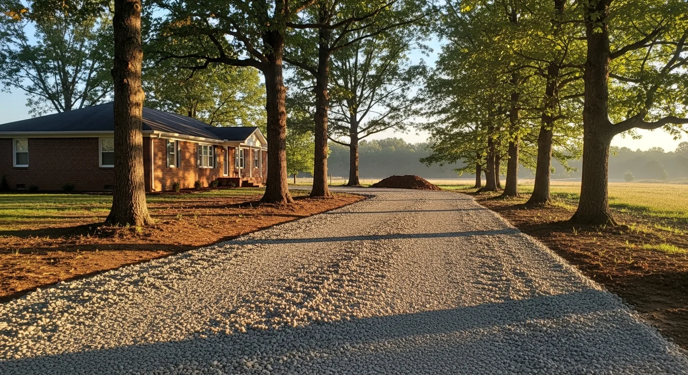 Rural Spencer County home with mature trees and gravel driveway in morning light.