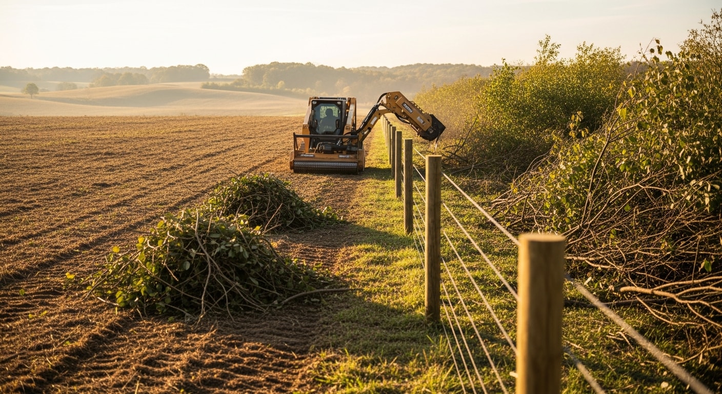 A Spencer County, Kentucky field after professional brush cutting, showing cleared fence rows and open pasture ground with cut vegetation laid flat across the land. Heavy-duty cutting equipment is visible at the edge of a wooded property line.