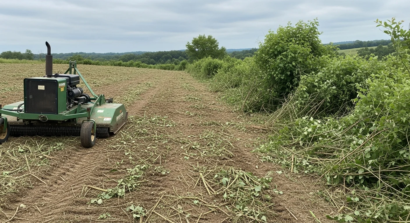 A cleared rural field in Spencer County, Kentucky after professional brush cutting, showing open ground with vegetation cut to ground level along a fence line. Rolling terrain is visible in the background with overgrowth removed from a previously inaccessible slope.