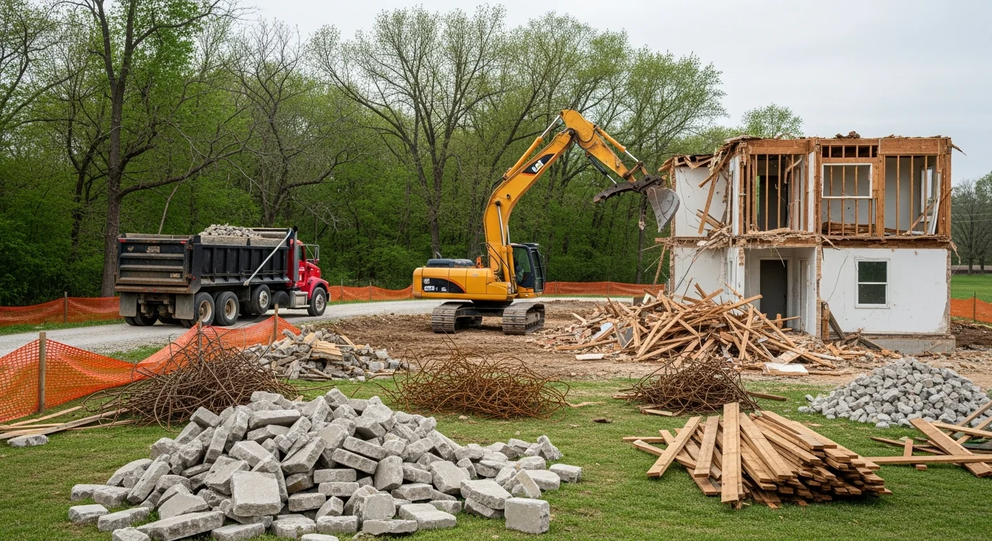 A cleared rural lot in Spencer County, Indiana after a full building demolition, with debris removed and bare ground left ready for future use. Heavy equipment is visible at the edge of the site near a gravel access lane.