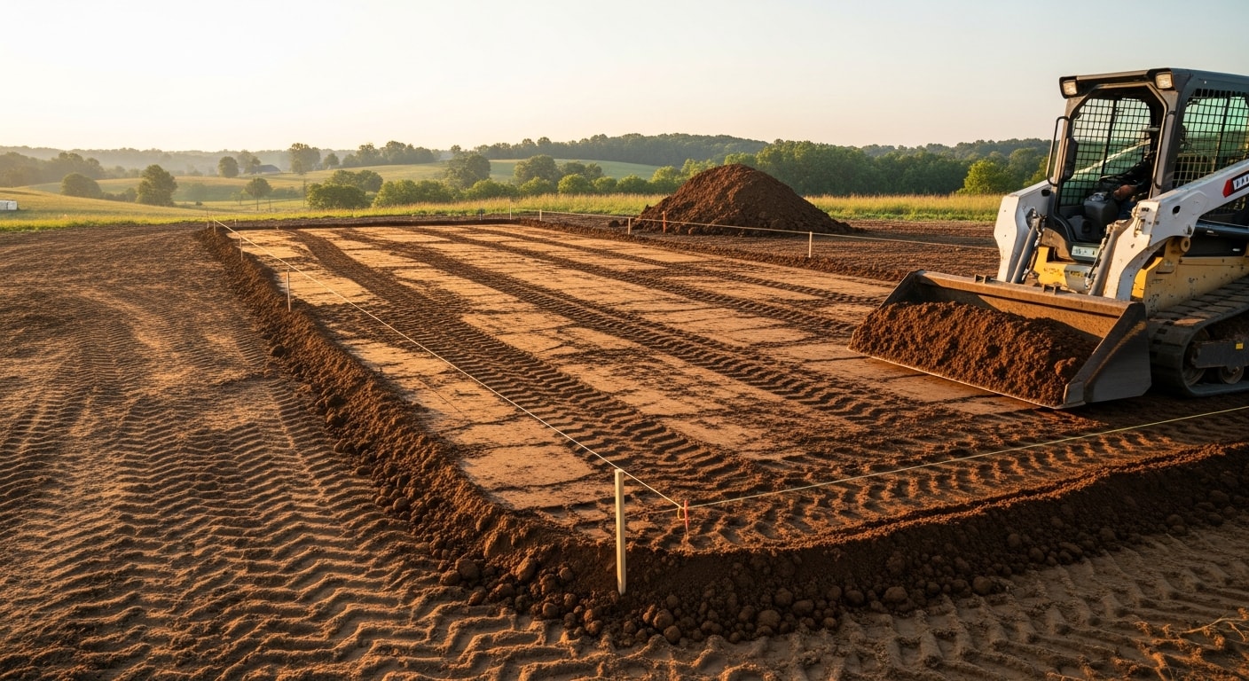 A freshly graded and compacted building pad on a cleared rural lot in Spencer County, Indiana, with level subgrade visible and surrounding terrain sloping away for drainage. Heavy excavation equipment is staged at the edge of the prepared site.