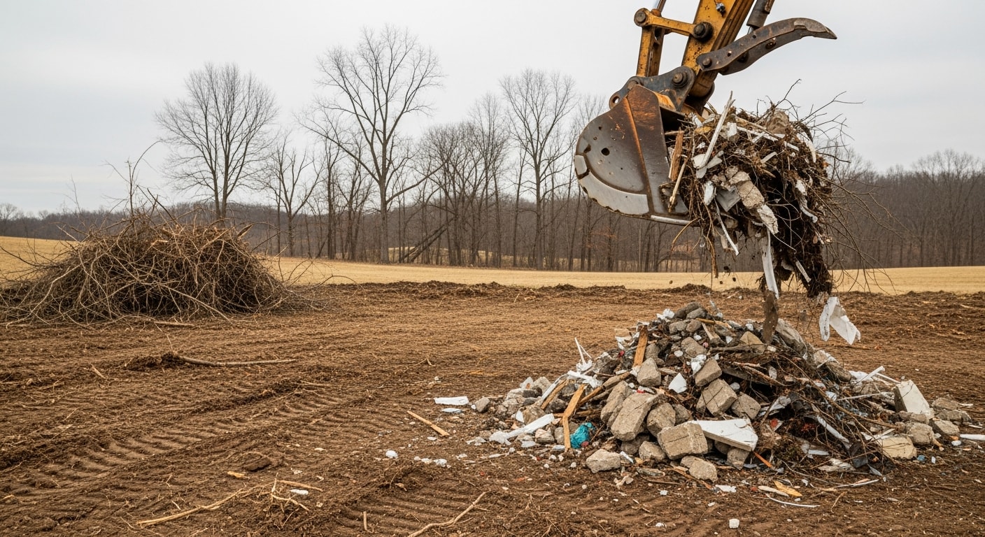 A cleared rural property in Spencer County, Kentucky with brush piles and tree debris loaded onto a work truck. The surrounding land shows open, accessible ground after debris removal by Keefe Land Management.