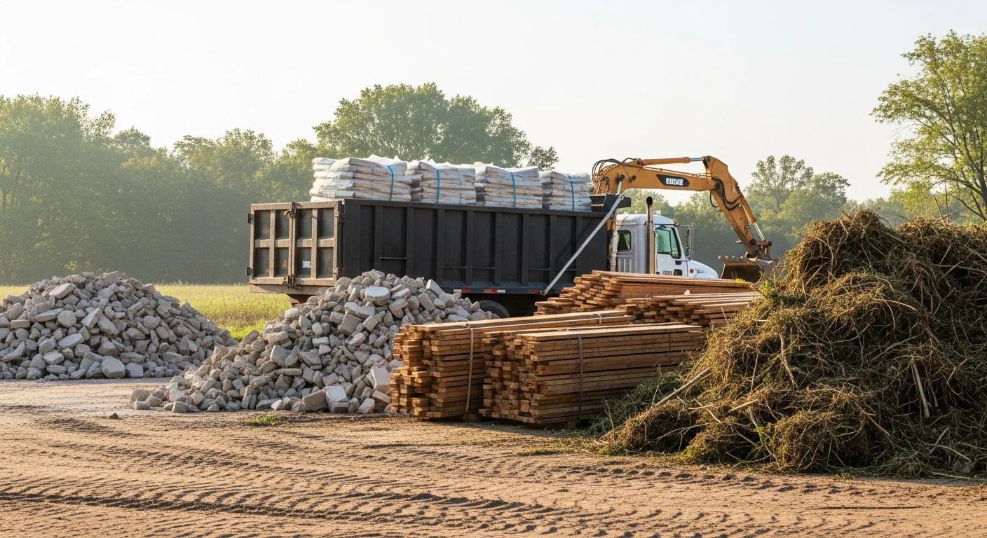 A cleared Spencer County property after debris removal, with a clean graded lot and no remaining rubble or brush. A Keefe Land Management crew and heavy equipment are visible in the background.