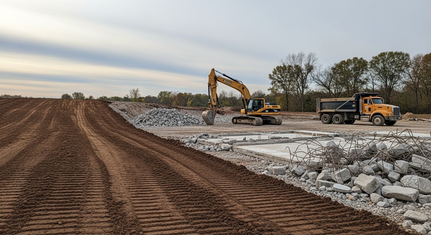 A cleared and graded demolition site in Spencer County, Indiana, with debris removed and bare soil leveled for future construction or agricultural use. Keefe Land Management equipment visible at the edge of the restored lot.