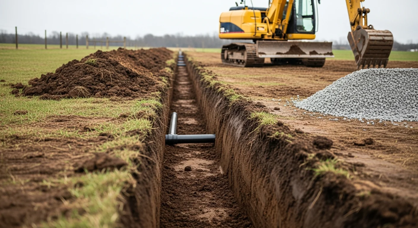 Excavated drainage trench on a rural Spencer County property with subsurface pipe laid and graded soil visible alongside a residential yard. Keefe Land Management drainage installation work in progress on clay-heavy Kentucky terrain.