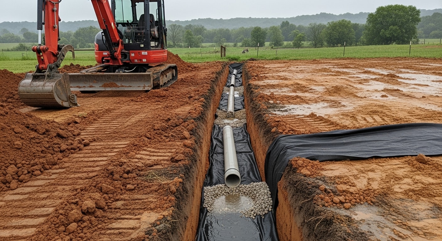 A freshly excavated French drain trench running along a sloped residential yard in Spencer County, Kentucky, with gravel bedding visible and surrounding soil graded away from the home's foundation. A rural pasture in the background shows dry, level ground following drainage channel installation by Keefe Land Management.
