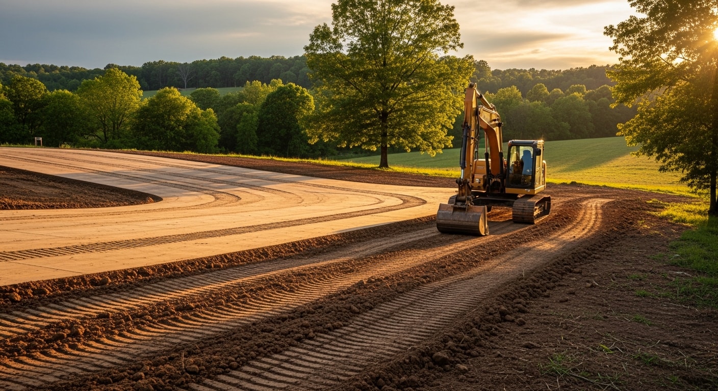 A Spencer County residential driveway with a newly graded surface and installed channel drainage system directing water away from the home. Surrounding clay soil and rural landscape are visible along the driveway edge.