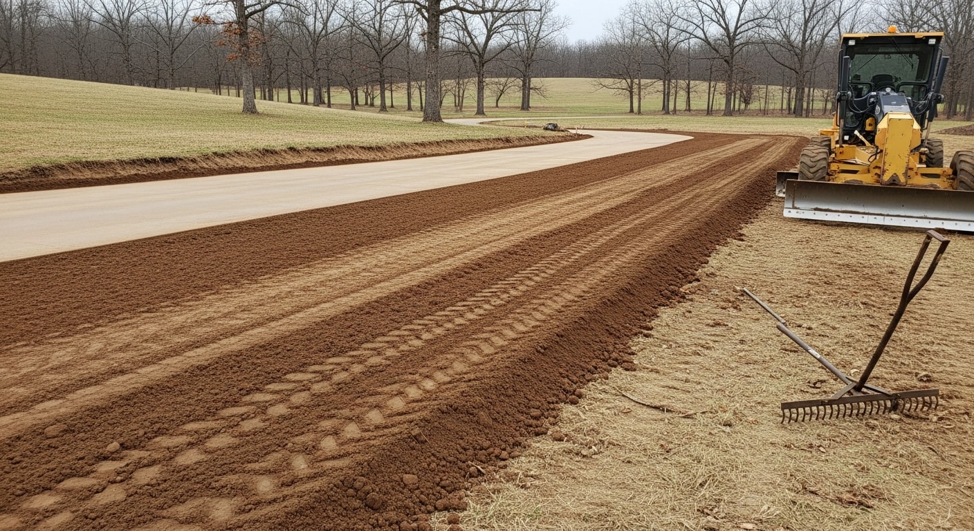 A freshly graded gravel driveway on a rural Spencer County property with a smooth, even surface and clean slope directing water away from the home. Keefe Land Management driveway grading service result showing level base and defined driveway edges.