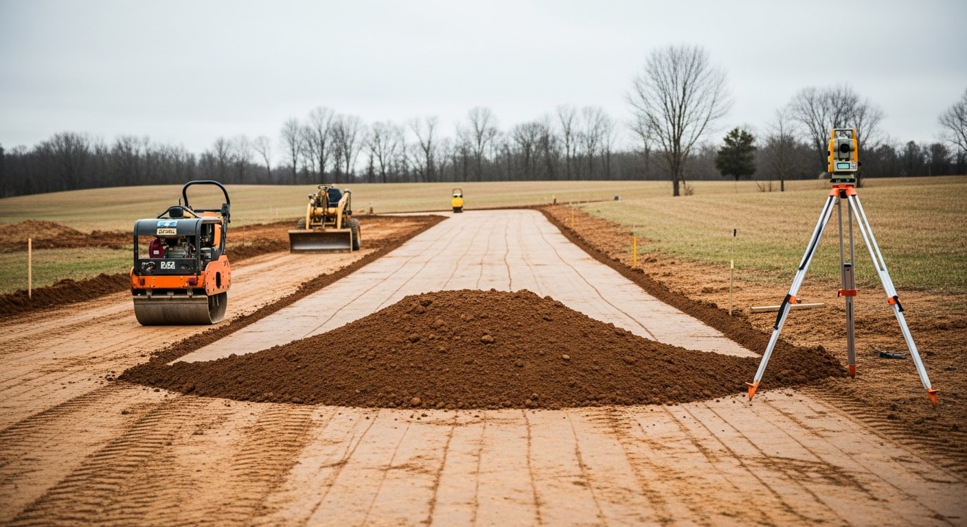 A freshly graded and installed driveway on a rural residential property in Spencer County, Kentucky, with clean edges and a smooth surface leading from the road to the home. The surrounding landscape shows rolling terrain typical of the county.