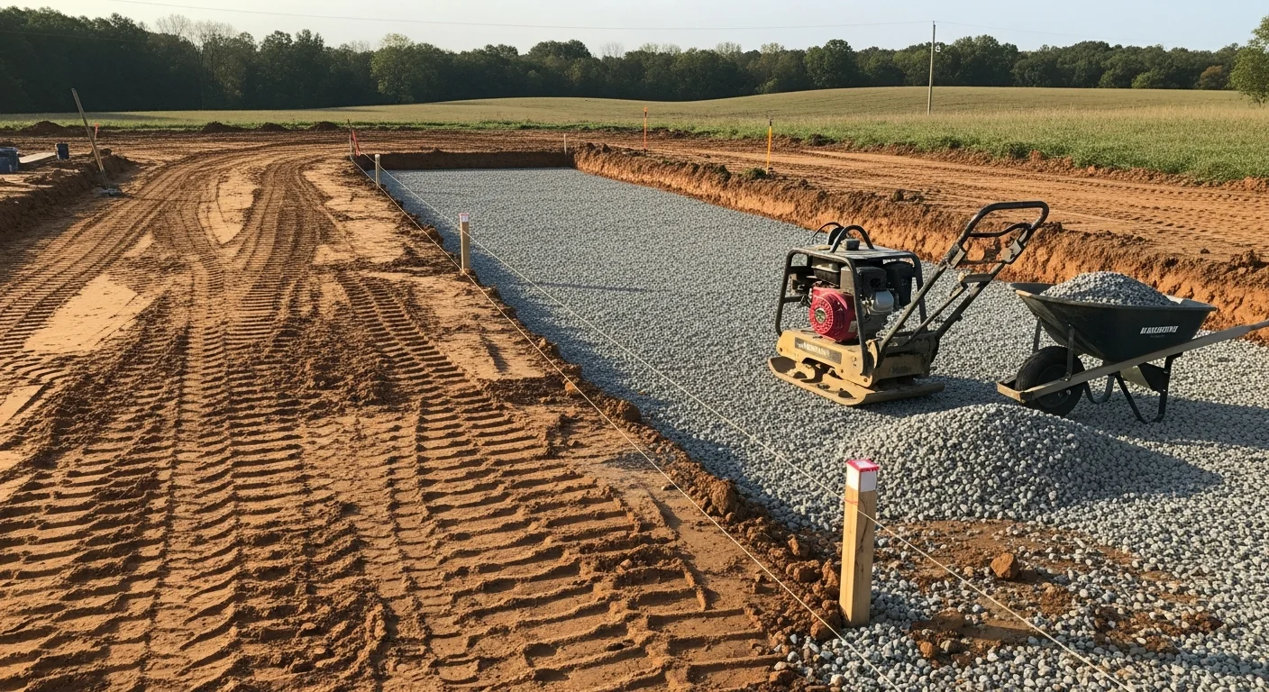 Freshly installed gravel driveway on a rural Spencer County, Kentucky property with compacted base material and graded edges. The driveway runs from the road to a residential structure across a gently sloped lot.