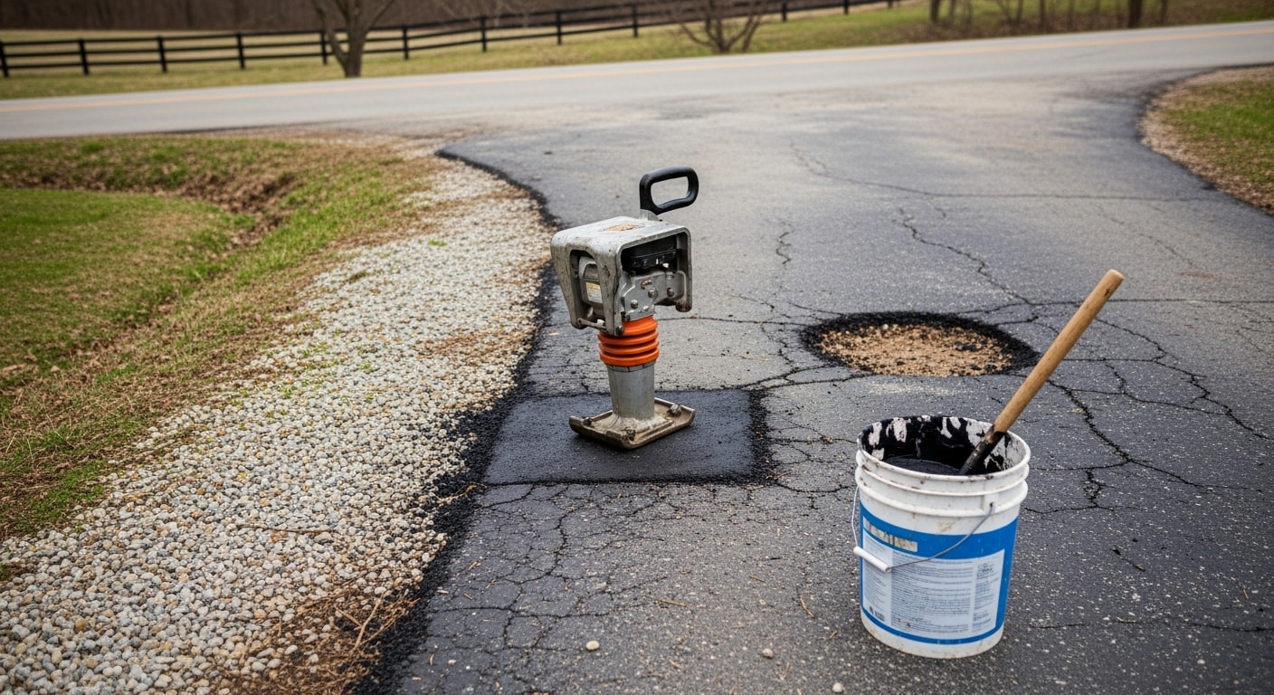 A repaired residential driveway in Spencer County, KY showing a smooth, even surface with clean edges and no visible cracking or ruts. The driveway leads to a rural home with a grassy yard and tree line in the background.