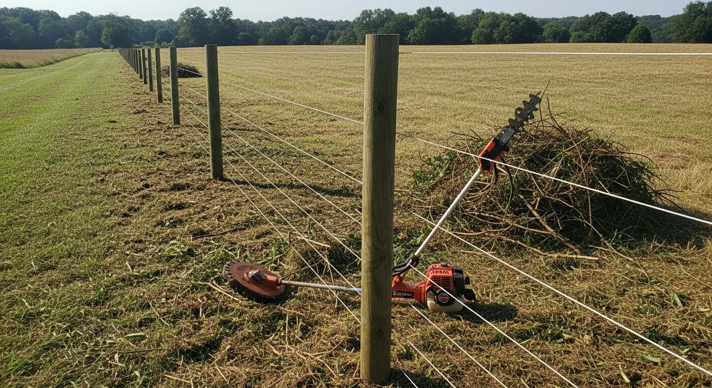 A cleared fence line running along a rural Spencer County, Kentucky farm property, with brush and saplings removed and wooden posts and wire fencing fully visible. Open pasture land extends beyond the boundary in the background.