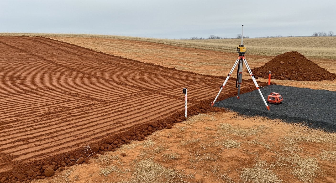 A tracked excavator grading a sloped residential lot in Spencer County, Indiana, with freshly moved soil shaped into a level building pad. The surrounding terrain shows rolling land typical of the area with cleared ground ready for construction.