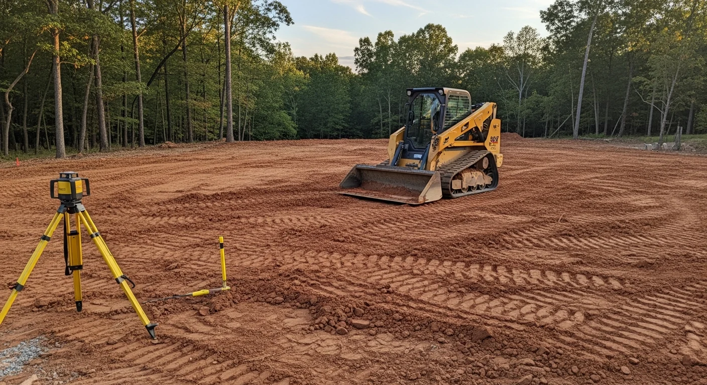 A graded rural building site in Spencer County, Kentucky, showing a smooth, sloped dirt pad with compacted soil ready for construction. Rolling wooded hills are visible in the background.
