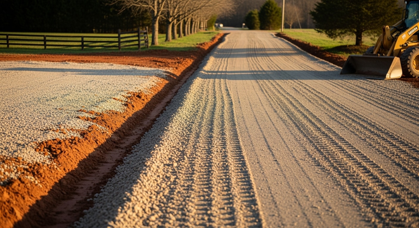 A freshly regraded gravel driveway on a rural Spencer County, Kentucky property, with a smooth compacted surface, defined edges, and a clear drainage ditch running alongside the lane.