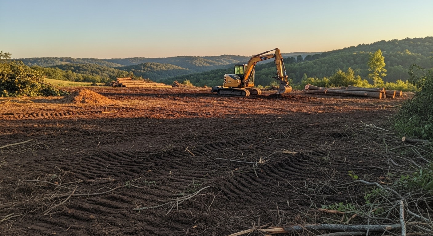 A Spencer County, Indiana property after professional land clearing, showing open ground with stumps removed and brush cleared from a formerly wooded rural lot. Heavy equipment tracks are visible at the site edge, with cleared acreage ready for construction or pasture use.
