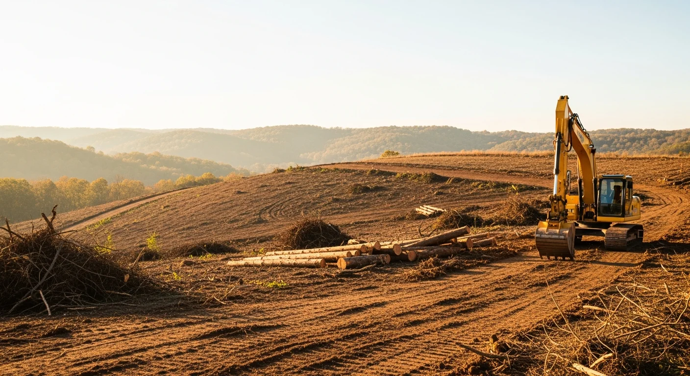 A Spencer County, Indiana hillside property after professional land clearing, showing graded bare ground with removed hardwood stumps and brush. Excavation equipment from Keefe Land Management is visible on the leveled site.