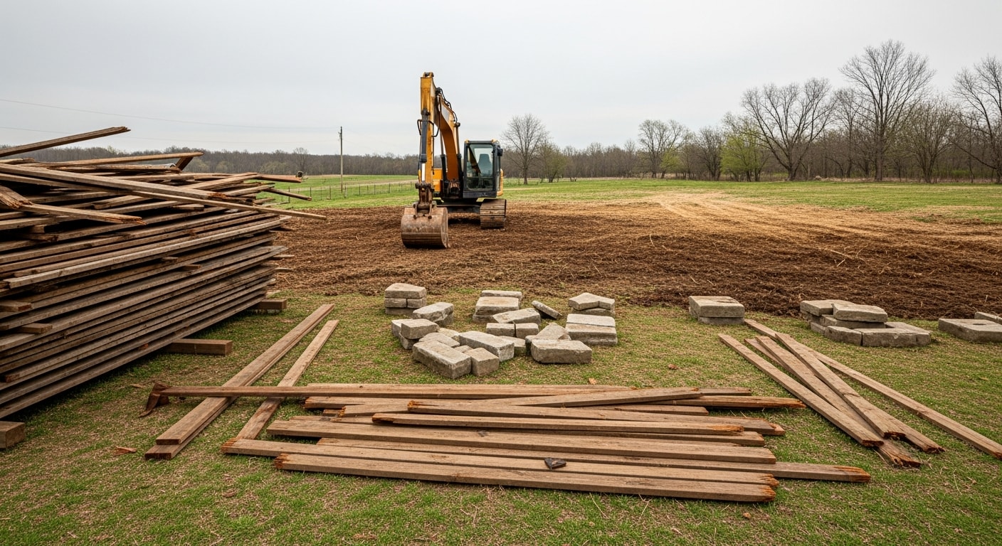 A cleared backyard on a Spencer County residential property after shed removal, showing bare ground where a wood-frame storage shed once stood. Debris has been fully hauled away, leaving an open, clean lot.