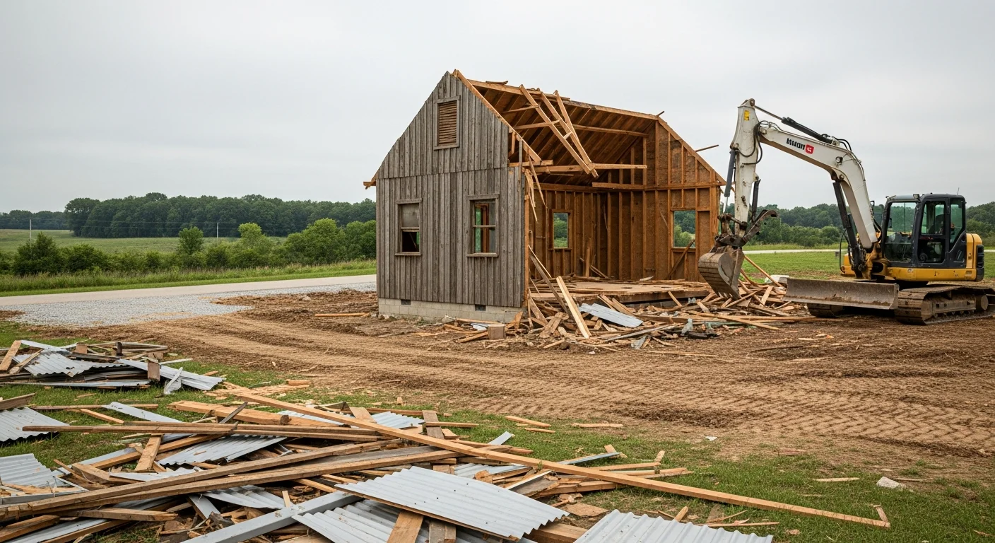 A cleared rural lot in Spencer County, Indiana after shed demolition, with debris removed and open ground visible. A Keefe Land Management crew works near a demolished wooden outbuilding on a wooded property.