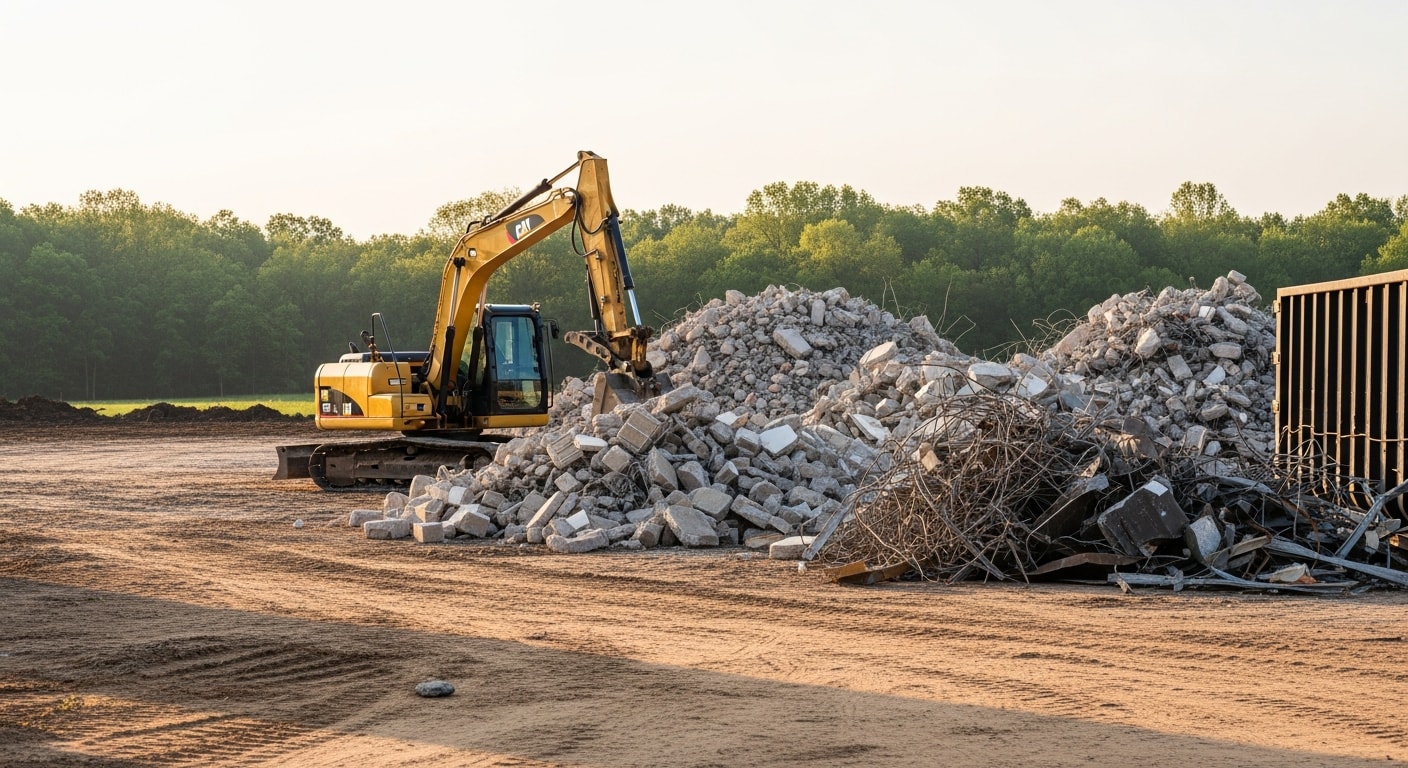 A cleared rural property in Spencer County, Kentucky after site cleanup, showing bare ground free of debris and scrap material. Heavy equipment is visible at the edge of the lot near a tree line.