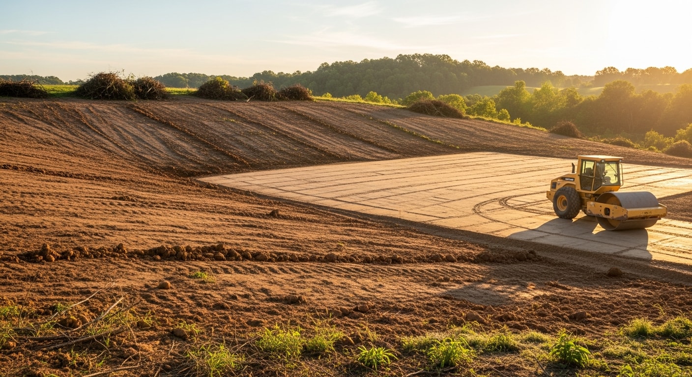 A Keefe Land Management excavator grading a cleared residential lot on rolling terrain in Spencer County, Indiana. The site shows freshly compacted soil with drainage slopes shaped away from the building pad.