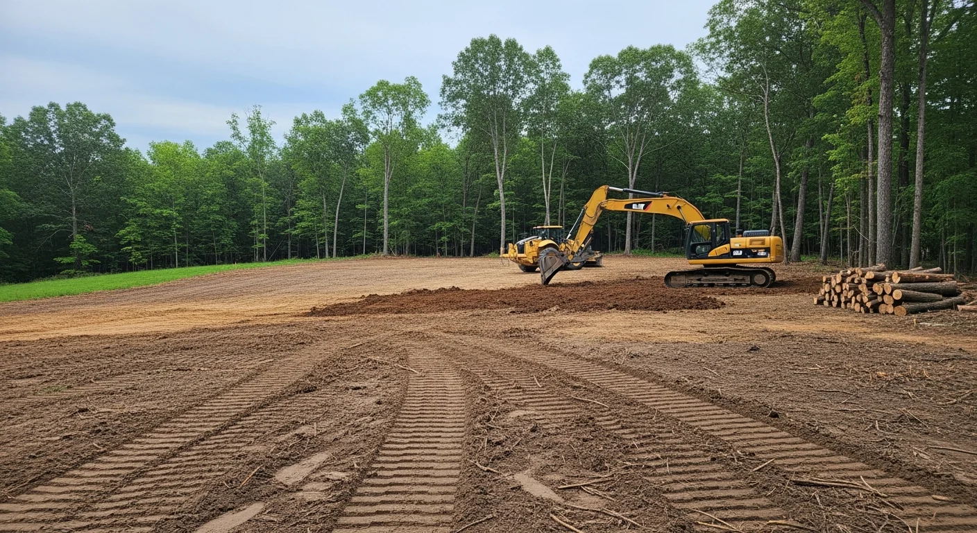 A Spencer County, Indiana building lot after site preparation, showing cleared land with freshly graded and compacted soil ready for foundation work. An excavator sits at the edge of the site with rolling Indiana terrain visible in the background.