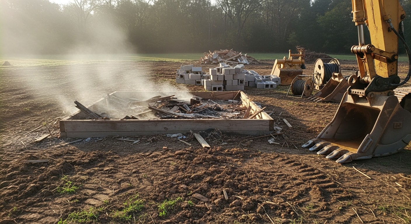 A small deteriorating outbuilding on a rural Spencer County, Indiana property being demolished by excavation equipment. The surrounding land is open and cleared, showing the site after structure removal.