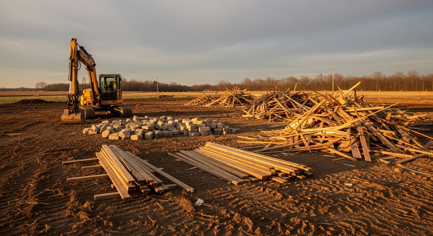A cleared rural lot in Spencer County, Indiana after a small outbuilding was demolished and debris removed. Open ground is visible where the structure previously stood, with surrounding farmland in the background.