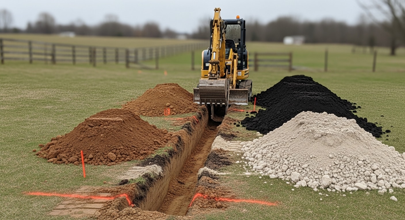 A clean utility trench cut across a rural Spencer County property with exposed soil walls and a straight trench line ready for pipe installation. An excavator sits at the edge of the trench on open land typical of Spencer County terrain.
