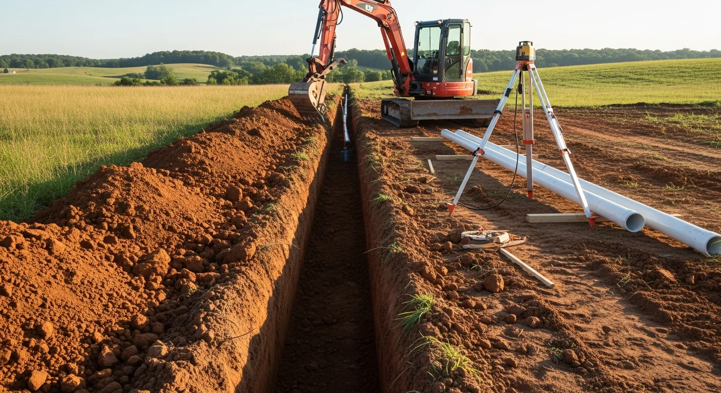 A clean utility trench cut through clay soil on a rural Spencer County, Indiana property, with a water line laid in prepared bedding before backfill. An excavator is staged on flat ground beside the open trench on an agricultural lot.