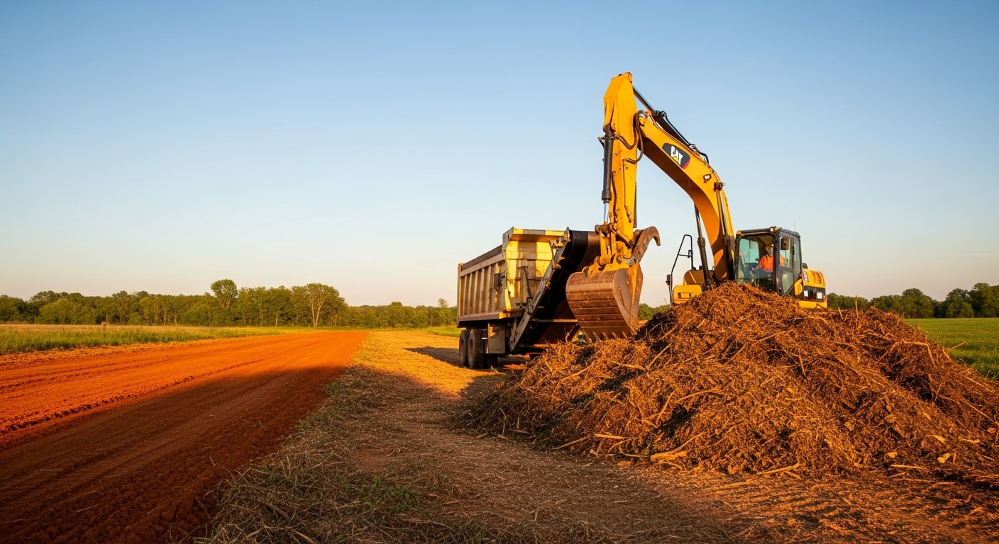 A Spencer County property after professional vegetation removal, showing cleared ground with stumps and brush gone and open usable land visible across the site. A land clearing machine is staged at the edge of the remaining tree line in the background.