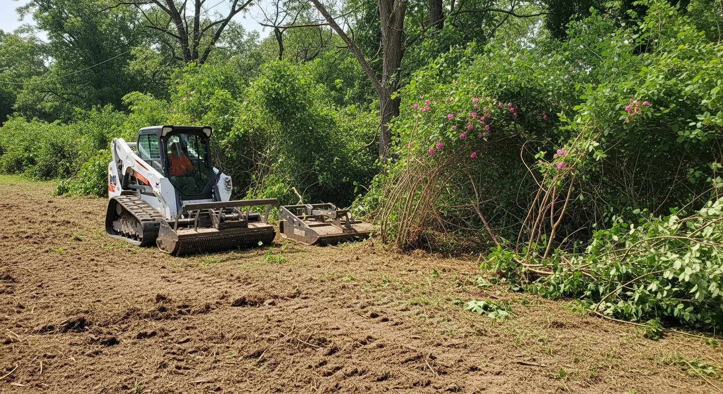 A cleared rural property in Spencer County, Indiana showing open land after brush and invasive vegetation removal. Dense overgrowth along a fence line has been cut back, revealing clean ground and defined property boundaries.